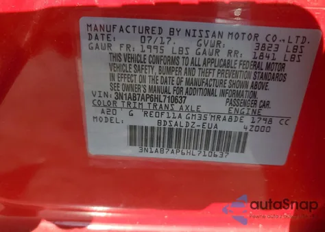 2017 Nissan Sentra S z USA, uszkodzony, nr VIN 3N1AB7AP6HL710637